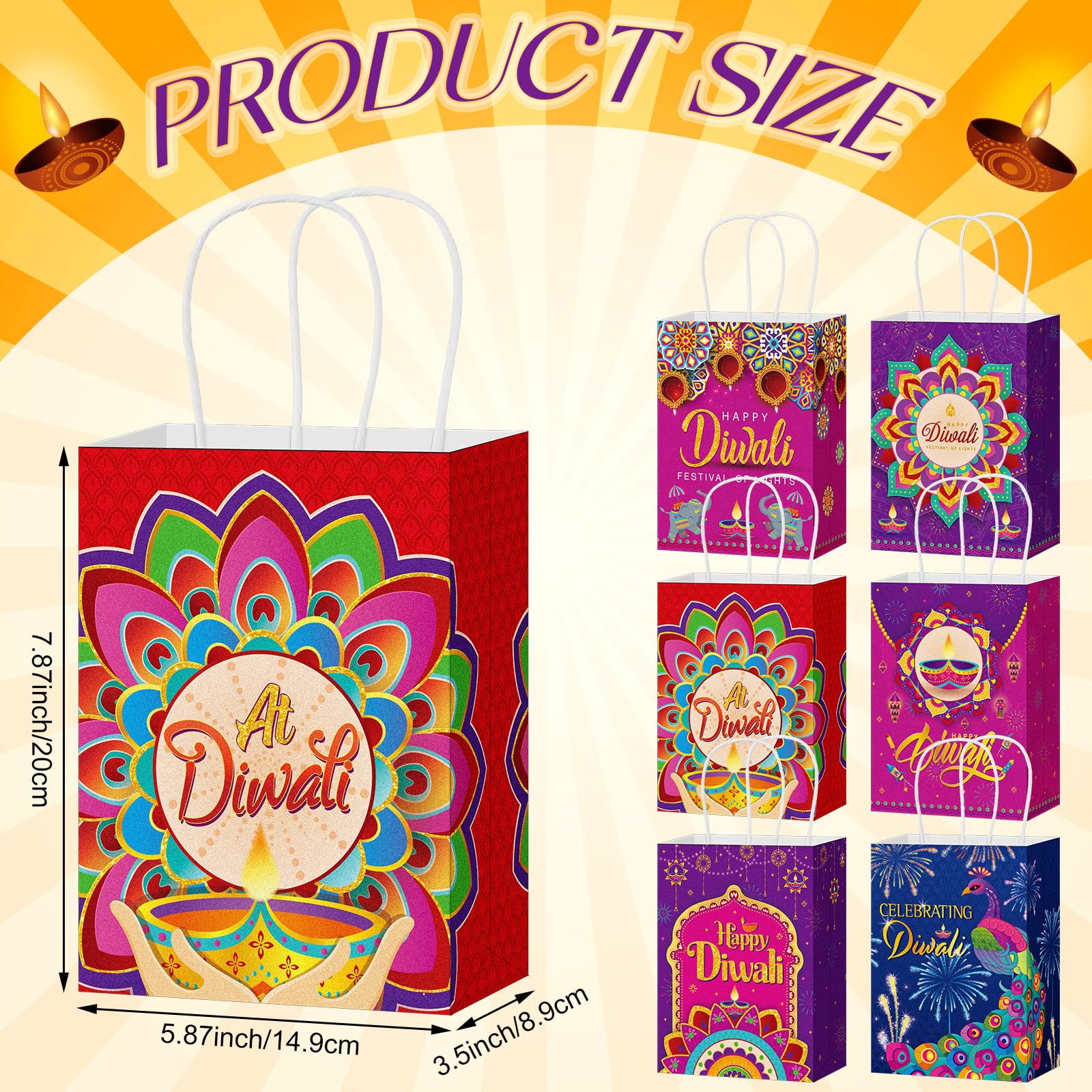 Skyygemm 30 Pcs Diwali Gift Bags with Handles Large Happy Diwali Treat Bags Diwali Goody Paper Bags for Diwali Party Favor Supplies Decor Candy Gifts Containers