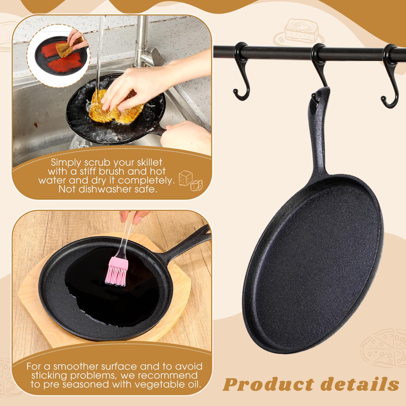 Mimorou 12 Sets Cast Iron Skillet Round Fajita Pan 7.87 Inch Fajita Plate Sizzler Pan with Wooden Base and Anti Scald Protection Hot Mitt for Kitchen BBQ Home Party Restaurant Catering Service