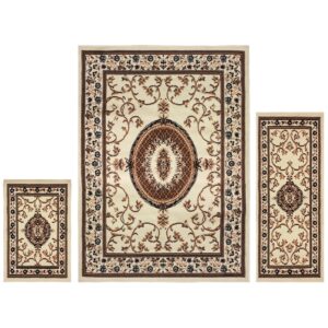 superior indoor area rug set, for living room, entryway, basement, kitchen, office, floor cover, jute backing, formal floral, clementina 3 piece rug set, 2' x 3', 2' x 5', 5' x 7', beige ivory