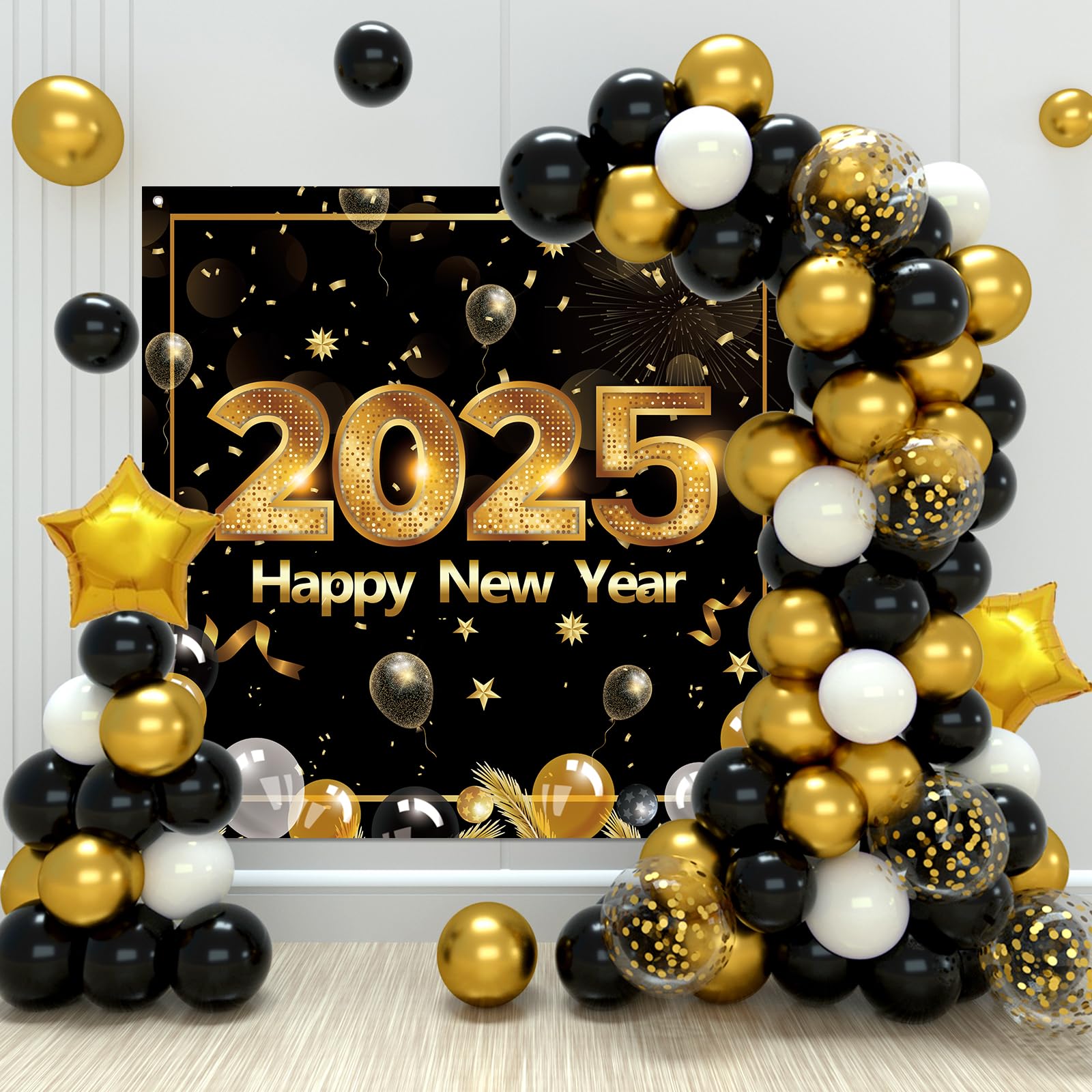 Happy New Years Eve Party Supplies 2025,New Years Decorations Black and Gold Confetti Balloon Garland Arch Kit Happy New Year Backdrop Banner for New Year Party Anniversary Retirement Graduation