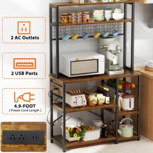 ROOMTEC Baker's Rack with Power Outlet, Microwave Stand with Storage, Kitchen Free Standing Baker Racks and Shelves with 6 S-Shaped Hooks