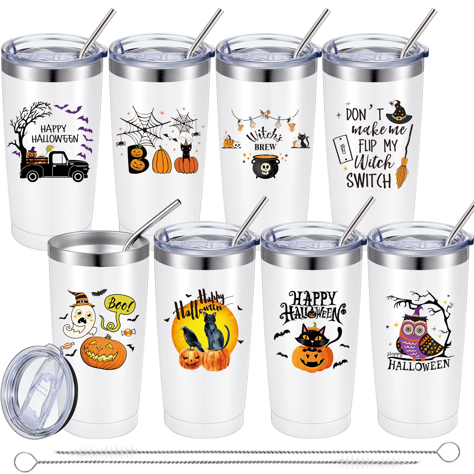 Singhoow 8 Pcs Halloween Tumbler with Lid and Straw 12 oz Halloween Coffee Mugs Stainless Steel Insulated Pumpkin Ghost Bat Boo Witch Halloween Wine Cup Bulk for Halloween Party Travel Men Women Gift