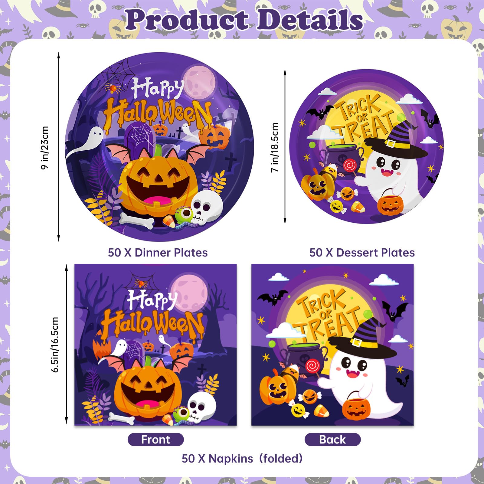 150 Pcs Halloween Plates and Napkins Sets - Cute Happy Halloween Party Supplies Tableware, Halloween Disposable Paper Plates Napkins Set for Halloween Birthday Party Decorations Favors, Serve 50