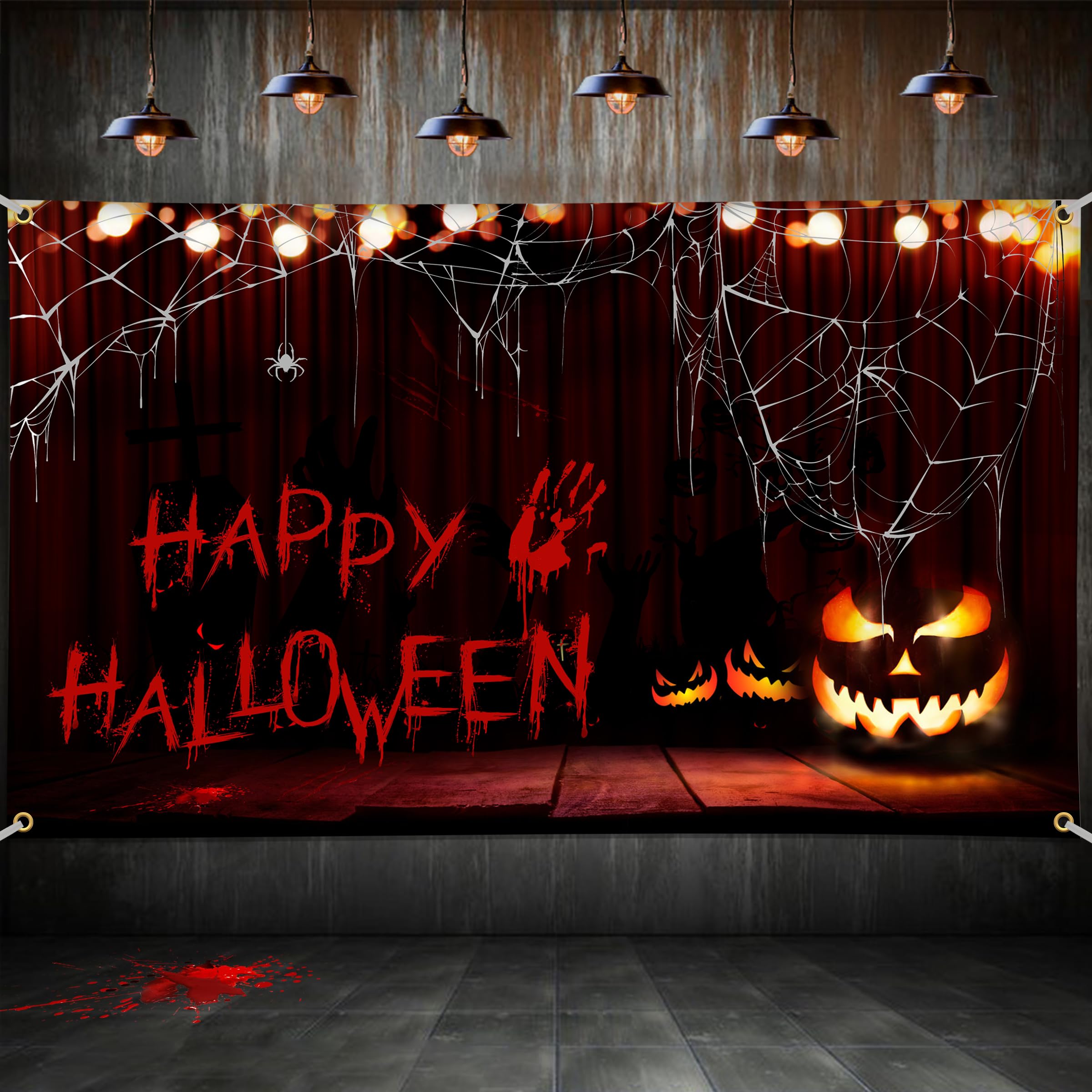 Tokcousun Happy Halloween Banner, 71x45 Inch Handprint Bloodstain Happy Halloween Backdrop, Scary Happy Halloween Backdrop Party Decorations Pumpkin Halloween Banner for Halloween Wall Photo Booth Decorations Indoor Outdoor