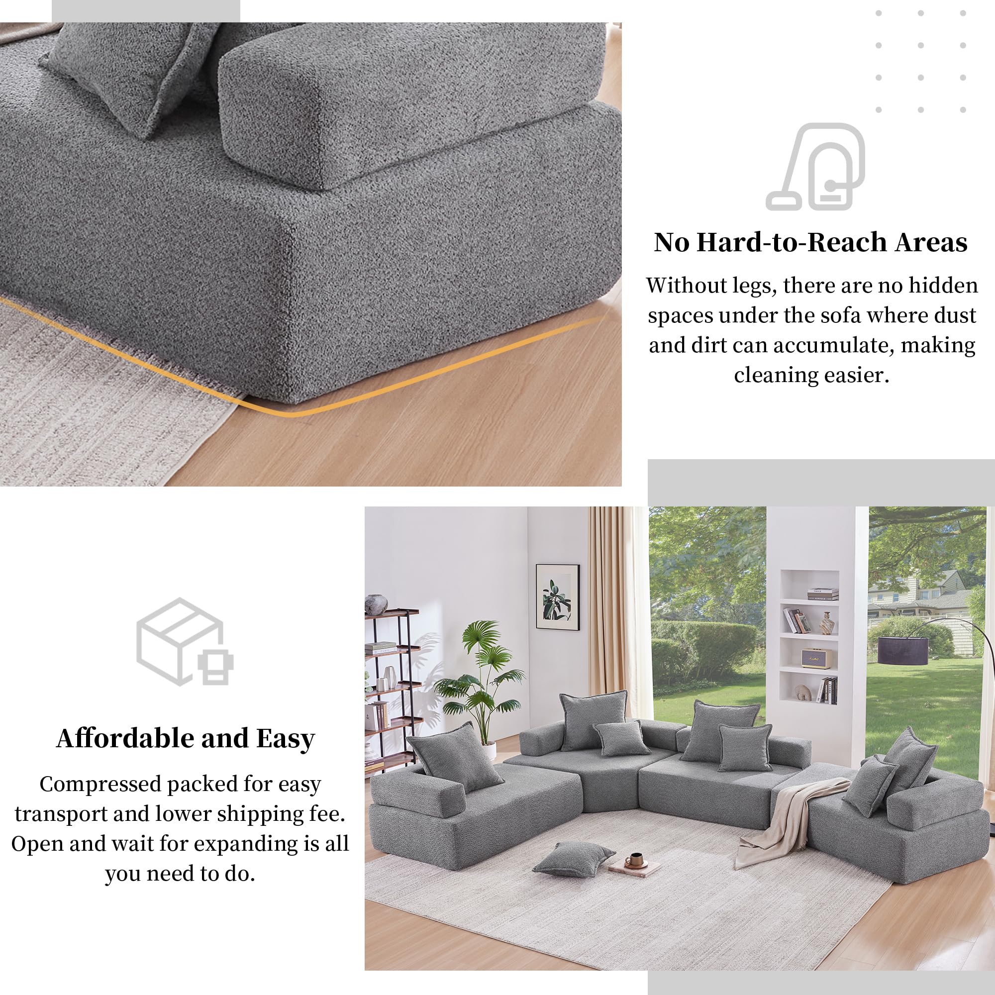 Merax 6-8 Seat Oversized Modular Sectional Sofa with Comfy Throw Pillows Luxury Boucle Floor Couch for Living Room, Apartment, Spacious Foam-Filled, Free Combination, No Assembly Required, Gray