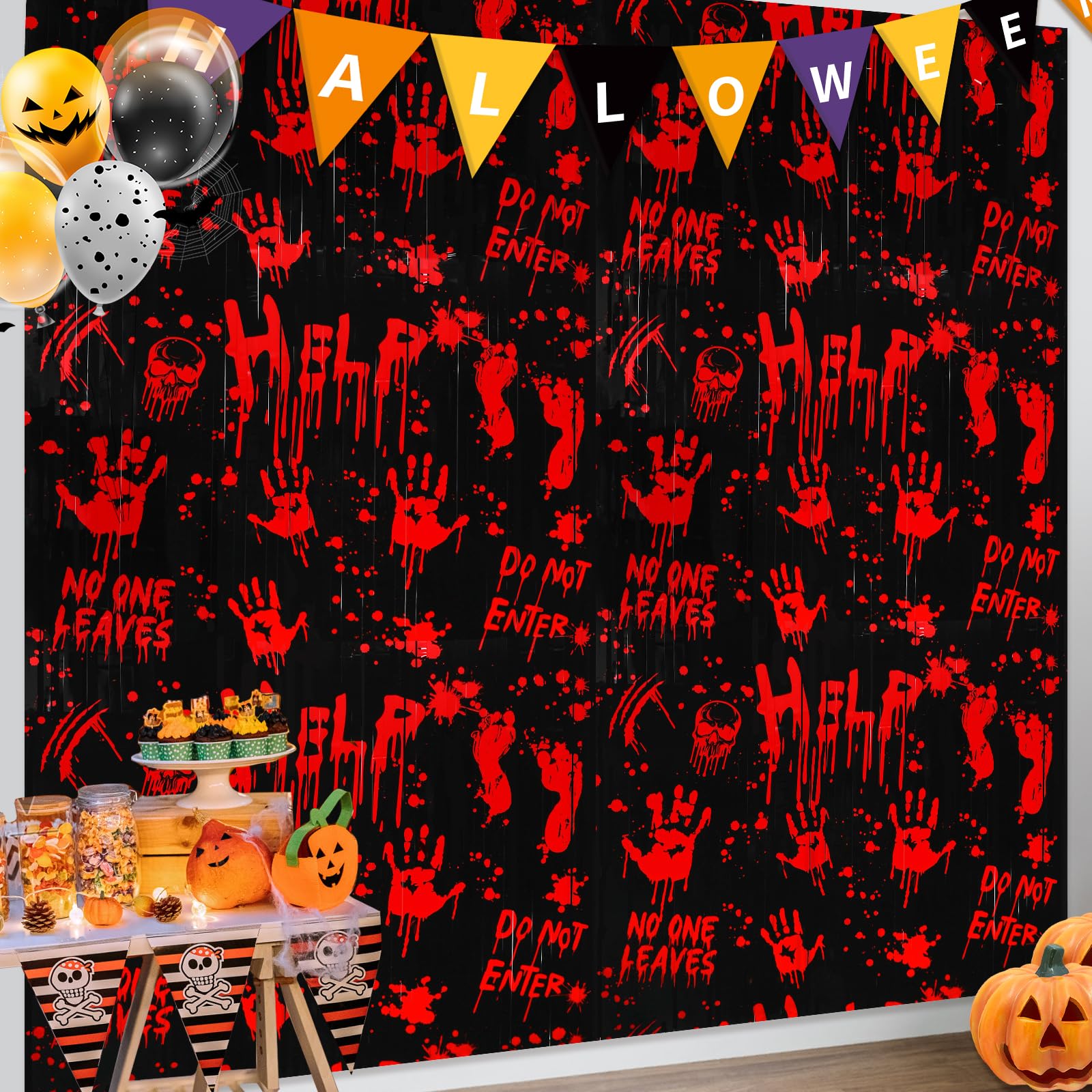 HOWAF Halloween Foil Fringe Curtains Killer Birthday Party Decoration,2 Pack 3.2 * 6.5ft Creepy Bloody Hands Backdrops Halloween Horror Night Red Handprint for Halloween Zombie Vampire Supplies