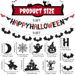 PatiCool Happy Halloween Banner Glitter Pre-Strung | Black and Red Halloween Garland - Paper Happy Halloween Sign, Bats Banner and 7 Hanging Garland for Halloween Party Decorations