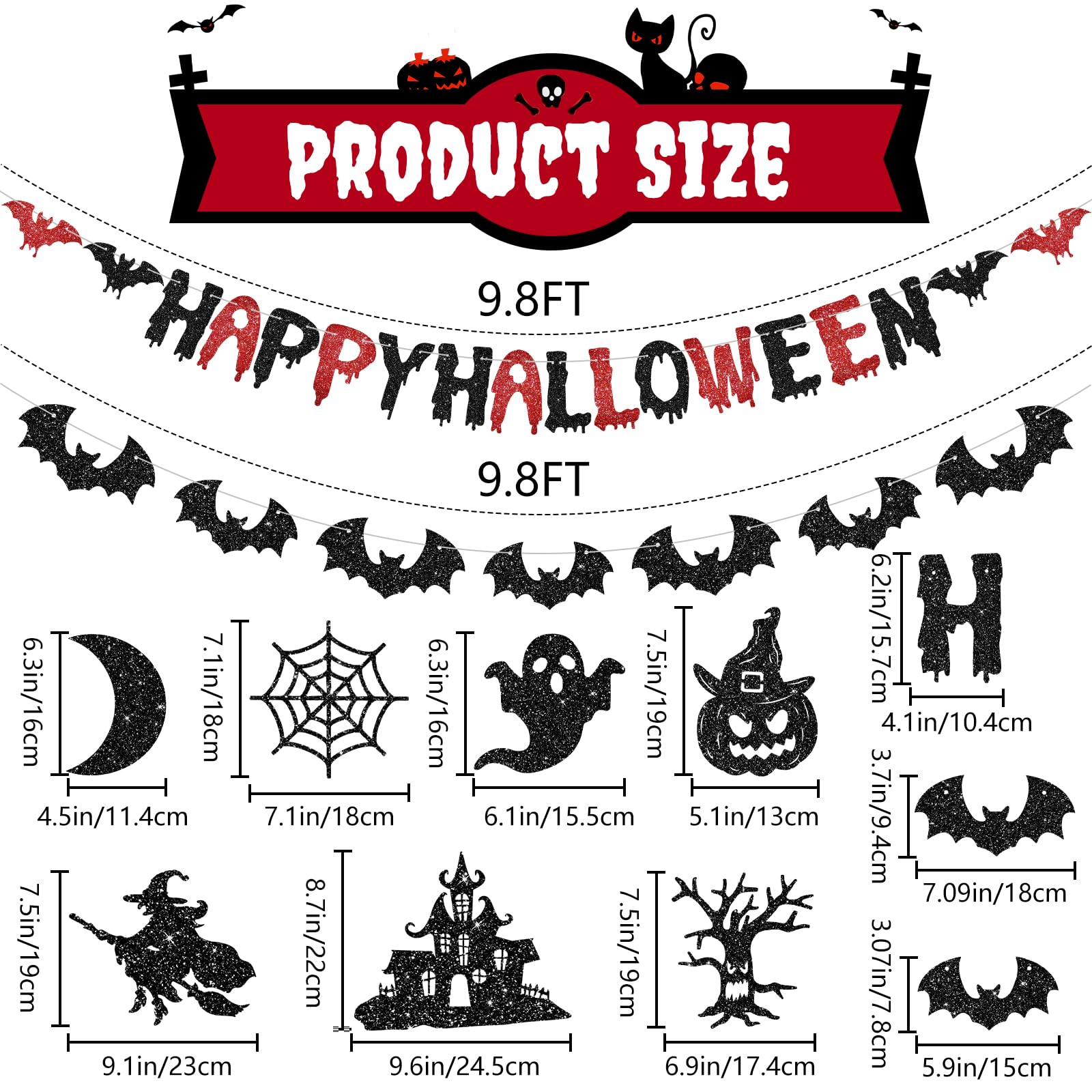 PatiCool Happy Halloween Banner Glitter Pre-Strung | Black and Red Halloween Garland - Paper Happy Halloween Sign, Bats Banner and 7 Hanging Garland for Halloween Party Decorations