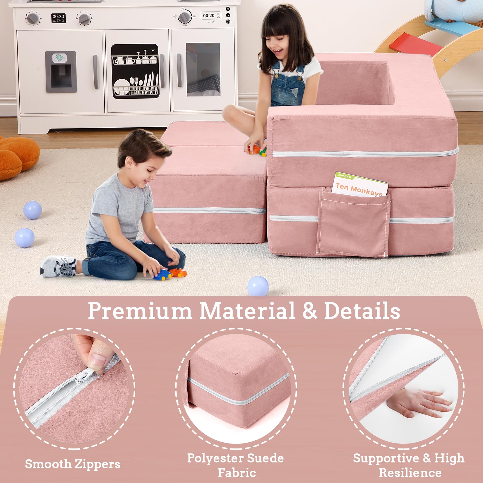 GarveeHome Kids Play Couch, 3Pcs Modular Kids Couch Toddler Couch for Playroom Bedroom Furniture, Convertible Foam Kids Play Sofa with Removable Cover, Pink