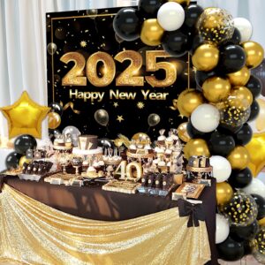 Happy New Years Eve Party Supplies 2025,New Years Decorations Black and Gold Confetti Balloon Garland Arch Kit Happy New Year Backdrop Banner for New Year Party Anniversary Retirement Graduation