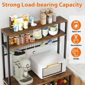 ROOMTEC Baker's Rack with Power Outlet, Microwave Stand with Storage, Kitchen Free Standing Baker Racks and Shelves with 6 S-Shaped Hooks