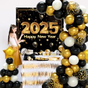 Happy New Years Eve Party Supplies 2025,New Years Decorations Black and Gold Confetti Balloon Garland Arch Kit Happy New Year Backdrop Banner for New Year Party Anniversary Retirement Graduation