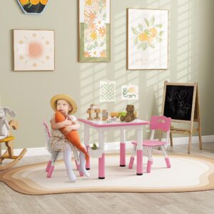 Qaba 3 Pieces Kids Table and Chairs, Height Adjustable Toddler Table and Chair Set with Storage, Easy to Wipe, Activity Table 2 Chairs for Classroom, for Daycare Classroom, 18 Months-5 Years, Pink