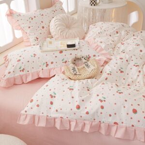 MKXI Strawberry Comforter Set Queen Size Pink White Floral Comforters Kawaii Fruits Artistic Bedding Set Princess Bed Comforter with Ruffles Girls Pink Flowers Bedding Comforter Duvet Set