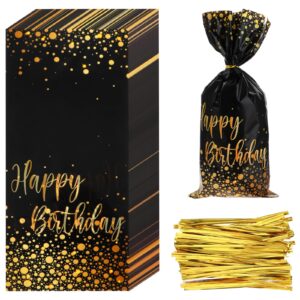 100 pcs black gold party favor gift bags plastic party treat bags foil dot candy goodie treat bags with 100 gold twist ties for kids birthday party supplies