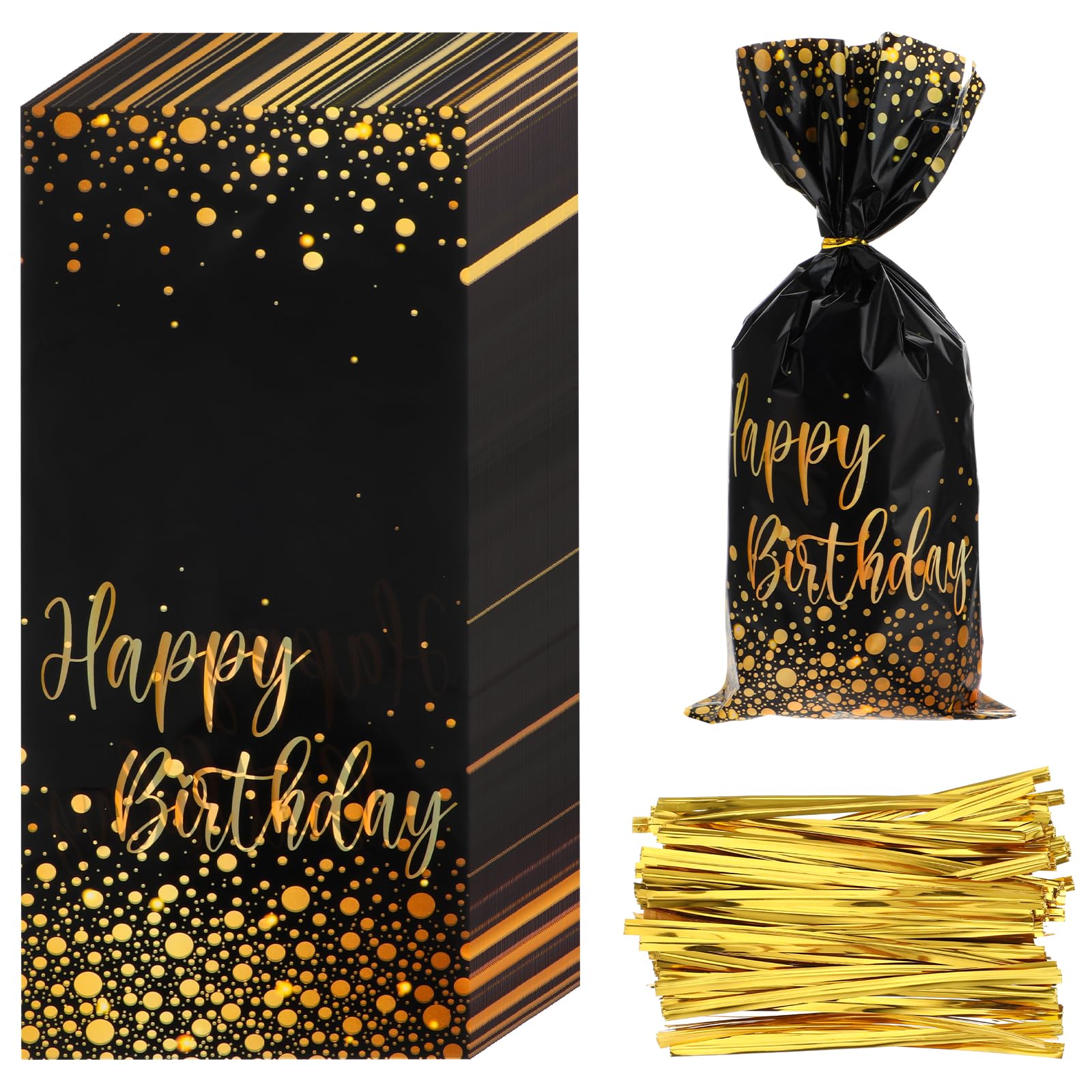 100 Pcs Black Gold Party Favor Gift Bags Plastic Party Treat Bags Foil Dot Candy Goodie Treat Bags with 100 Gold Twist Ties for Kids Birthday Party Supplies