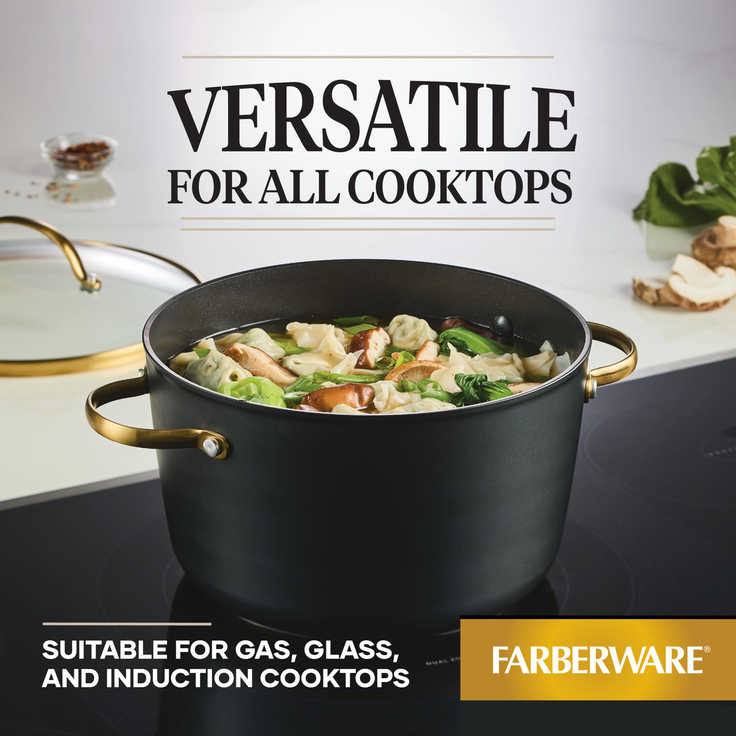 Farberware Forged Induction Ceramic Nonstick Cookware Stockpot with Lid, Dishwasher Safe, Suitable for All Stovetops, 6 Quart Soup Pot, Stockpot - Black and Gold