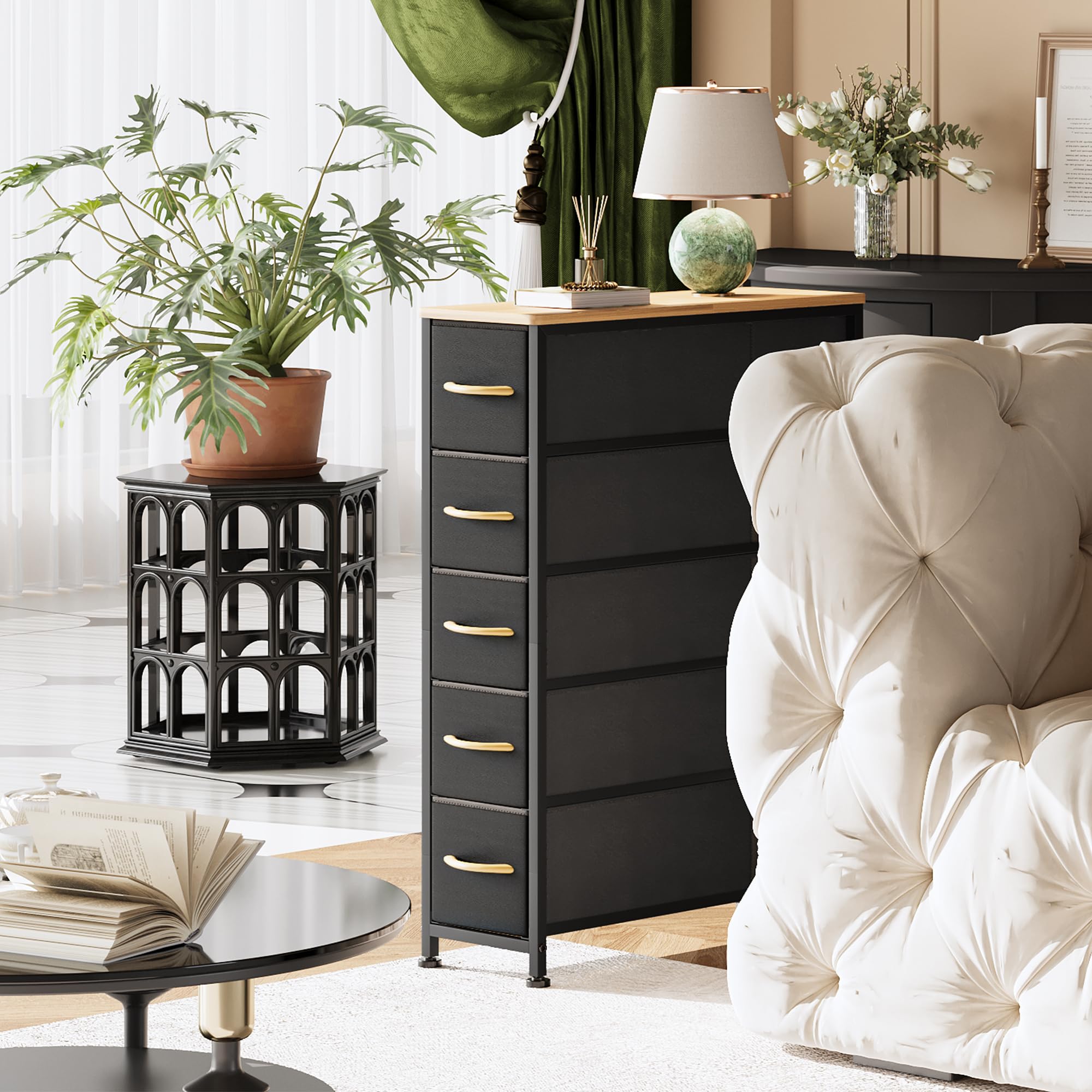 EKNKOZY Narrow Dresser Storage Tower with 5 Drawers, Slim Dresser Chest of Drawers with Steel Frame, Wood Top, Dresser for Bedroom, Bathroom, Small Spaces, Laundry, Closet, Black