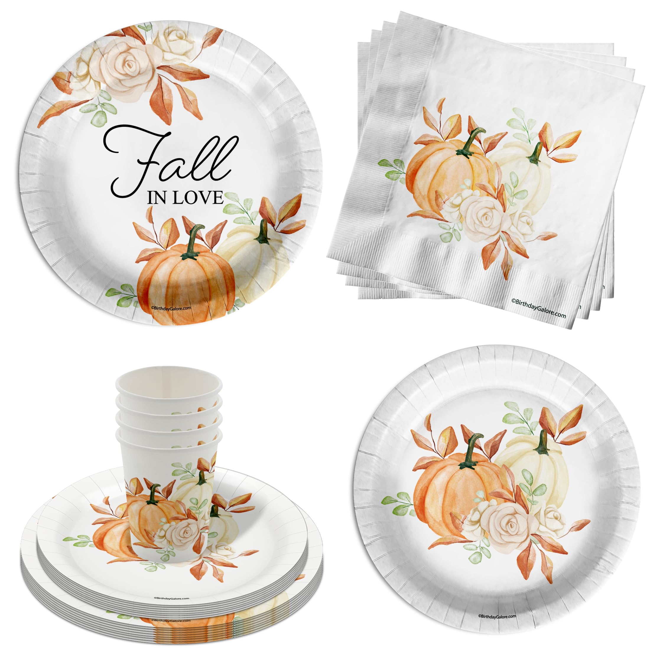 Fall In Love Bridal Shower Party Supplies 64 Piece Tableware Set Includes Large 9" Paper Plates Dessert Plates, Cups and Napkins Kit for 16