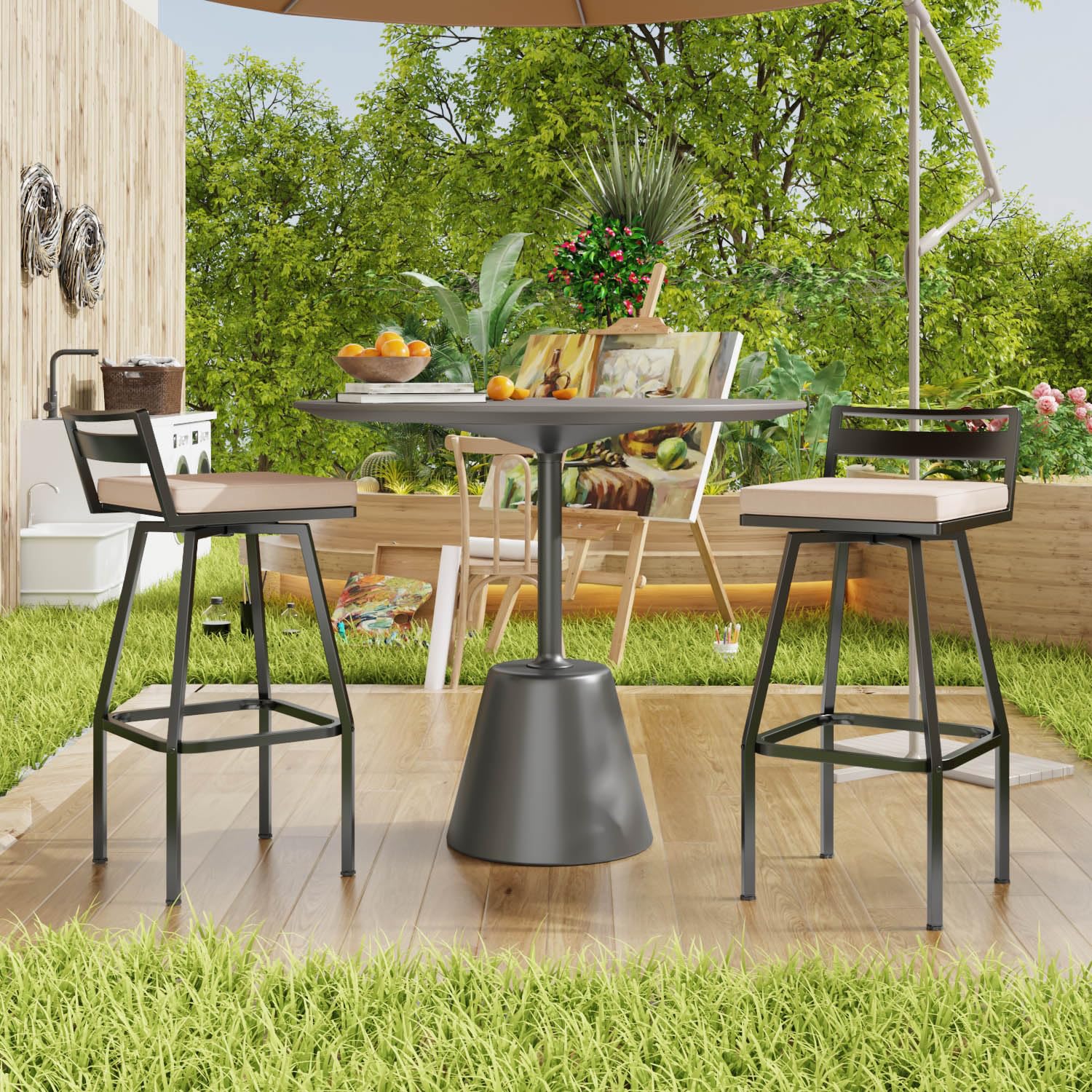 Lovinouse 27" Height Low Back Swivel Bar Stools with Cushion Set of 2, Outdoor Patio Wrought Iron Chair Set, Outside Metal Bar Chair, Height Barstool for Bistro Lawn, Garden, Backyard, Indoor