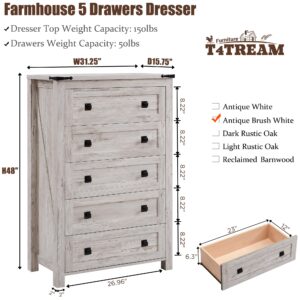 T4TREAM Farmhouse 5 Drawers Dresser Chests for Bedroom, Wood Rustic Tall Chset of Drawers,Dressers Organizer for Bedroom, Living Room,Hallway, Antique Brush White