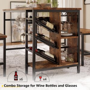 IRONCK 3-Piece Dining Table Set for 4, 47inch Kitchen Table with 2 Benches, Wine Rack and Glass Holder, Space-Saving Dinette for Dining Room, Apartment, Vintage Brown