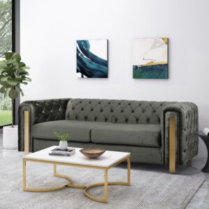 merax comfy 3-seat sofa with tufted back and arm and gold iron legs, modern couch for living room, bedroom, apartment, office, gray