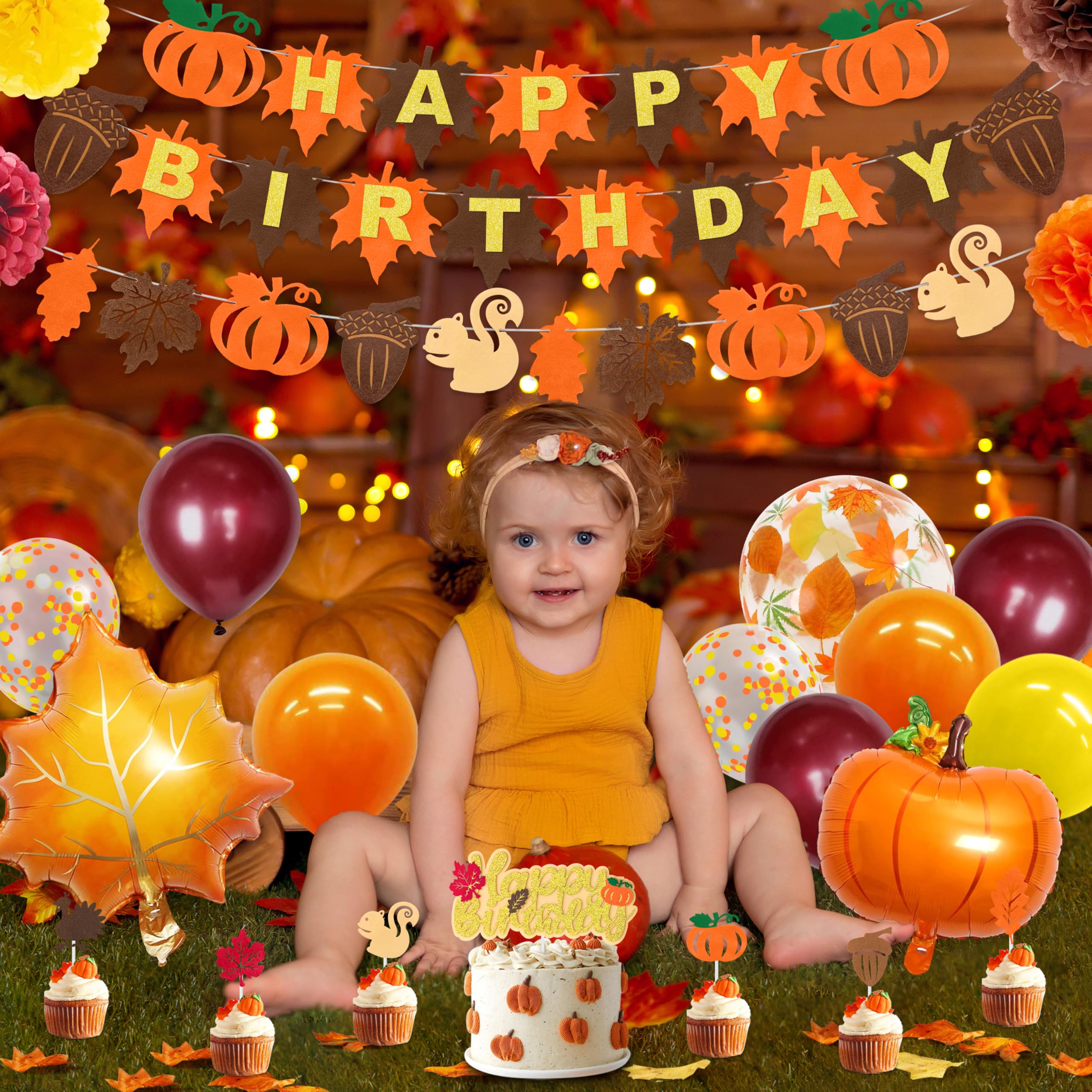 Fall Pumpkin Birthday Party Decorations, 97 Pcs Thanksgiving Autumn Themed Birthday Party Supplies Including Happy Birthday Pumpkin Banner, Cake Toppers, Maple Leaves, Balloons, Paper Pompoms