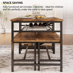 IRONCK 3-Piece Dining Table Set for 4, 47inch Kitchen Table with 2 Benches, Wine Rack and Glass Holder, Space-Saving Dinette for Dining Room, Apartment, Vintage Brown