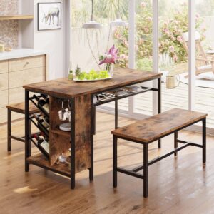 ironck 3-piece dining table set for 4, 47inch kitchen table with 2 benches, wine rack and glass holder, space-saving dinette for dining room, apartment, vintage brown