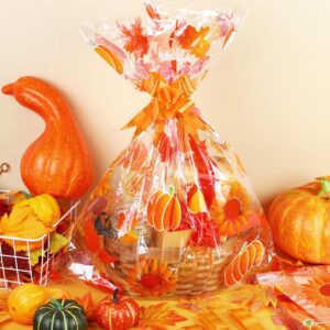 MIMIND 12 Pieces Fall Thanksgiving Large Basket Bags Cellophane Gift Bags Bulk 19.7 x 27.6 Inch Fall Plastic Gift Wrap Bags with 12 Pull Bows 20 Twist Ties for Thanksgiving Gift Baskets