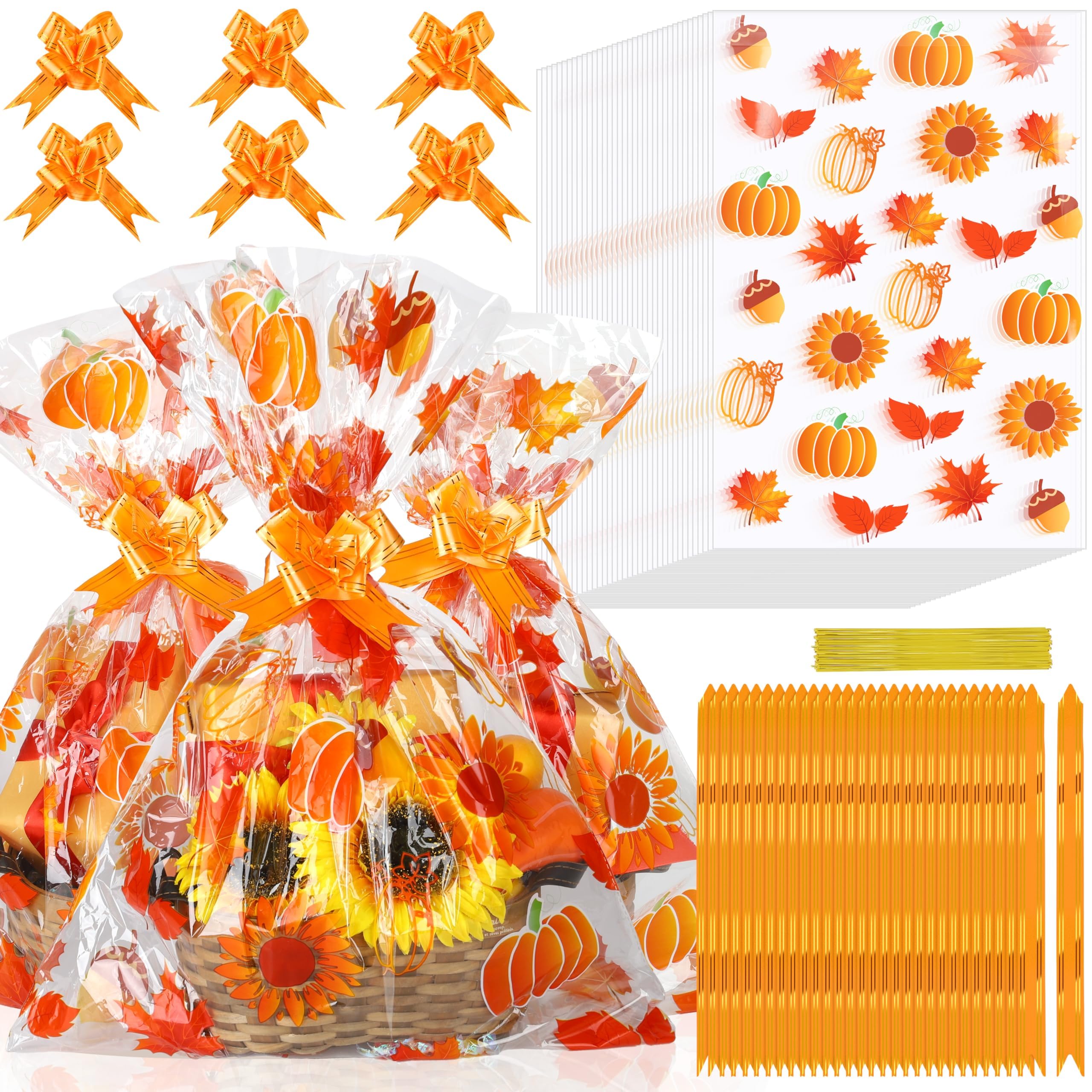 MIMIND 36 Pieces Fall Thanksgiving Large Basket Bags Cellophane Gift Bags Bulk 19.7 x 27.6 Inch Fall Plastic Gift Wrap Bags with 36 Pull Bows 40 Twist Ties for Thanksgiving Gift Baskets