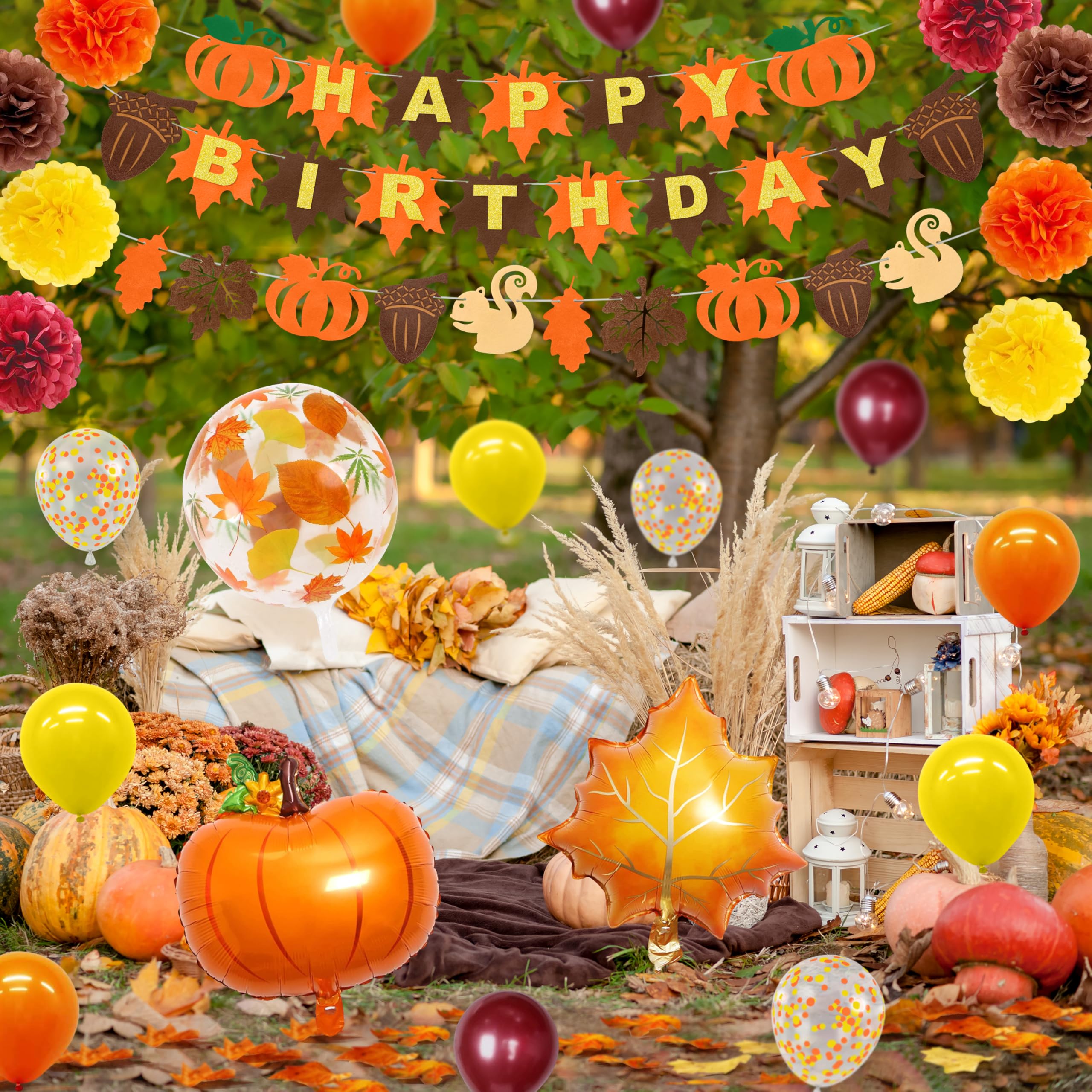 Fall Pumpkin Birthday Party Decorations, 97 Pcs Thanksgiving Autumn Themed Birthday Party Supplies Including Happy Birthday Pumpkin Banner, Cake Toppers, Maple Leaves, Balloons, Paper Pompoms