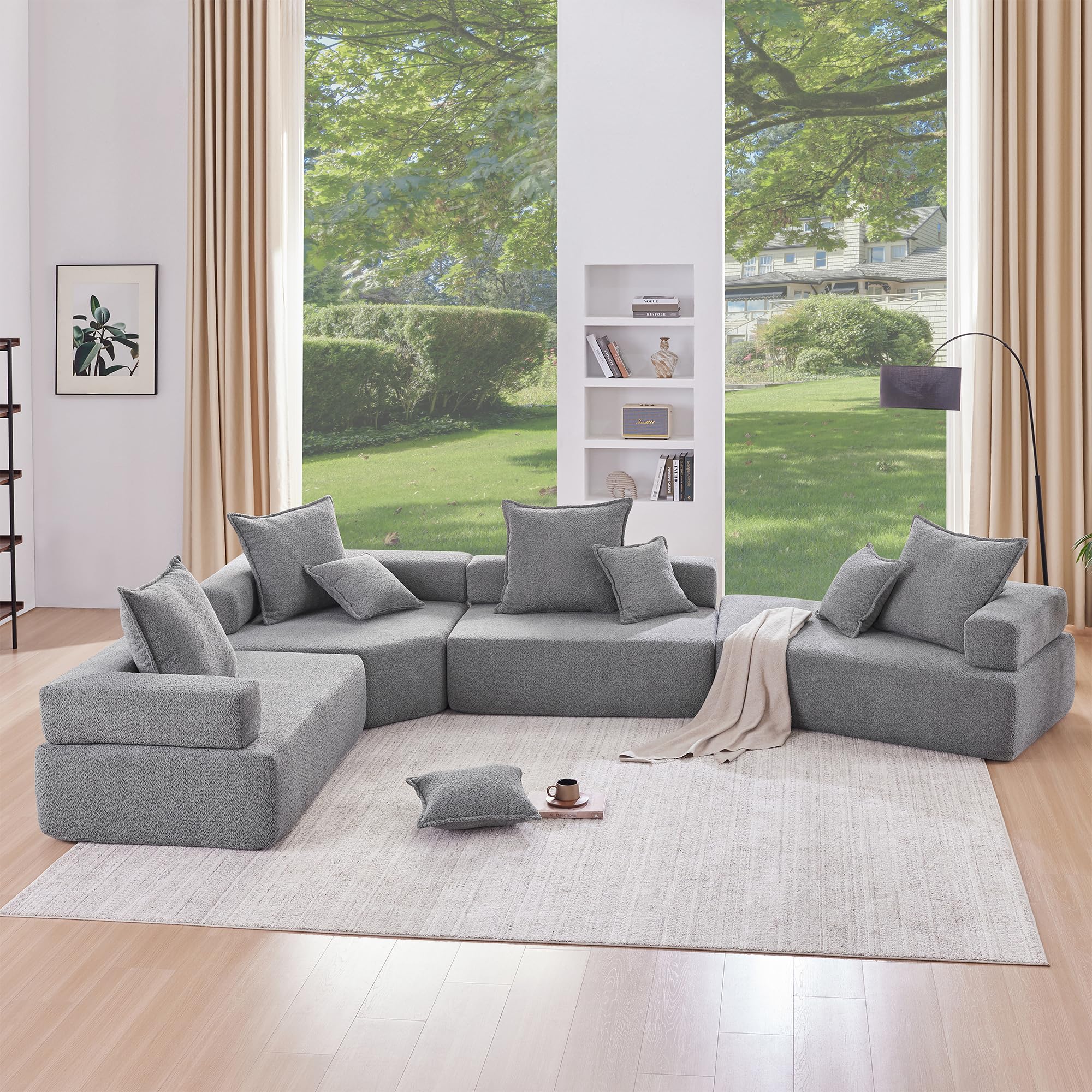 Merax 6-8 Seat Oversized Modular Sectional Sofa with Comfy Throw Pillows Luxury Boucle Floor Couch for Living Room, Apartment, Spacious Foam-Filled, Free Combination, No Assembly Required, Gray