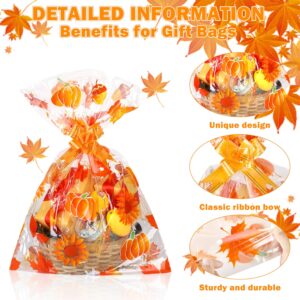 MIMIND 12 Pieces Fall Thanksgiving Large Basket Bags Cellophane Gift Bags Bulk 19.7 x 27.6 Inch Fall Plastic Gift Wrap Bags with 12 Pull Bows 20 Twist Ties for Thanksgiving Gift Baskets