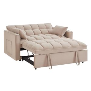 3 in 1 Convertible Sleeper Sofa Couch Bed, 2-Seater Futon Loveseat with Pull Out Bed , Tufted Lounge Couches with Pillows, Pockets for Living Room Apartment Small Space RV Corner Pullout Sofabed