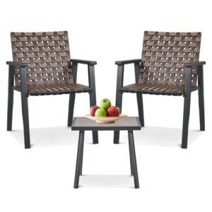 athena collection outdoor patio bistro set 3 pieces conversation set steel frame rattan furniture set wicker balcony chairs set of 2 and side table for garden backyard balcony, black