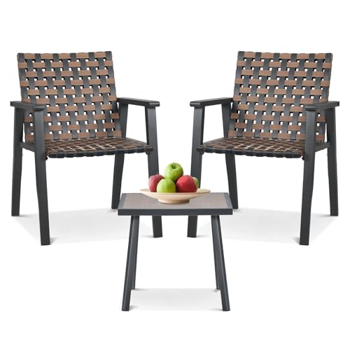 Athena Collection Outdoor Patio Bistro Set 3 Pieces Conversation Set Steel Frame Rattan Furniture Set Wicker Balcony Chairs Set of 2 and Side Table for Garden Backyard Balcony, Black