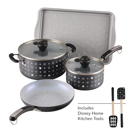 Farberware Disney Monochrome Ceramic Nonstick Cookware Pots and Pans with Baking/Bakeware Cookie Pan and Kitchen Cooking Tool Set, Dishwasher Safe, 8 Piece Cookware Set - Black