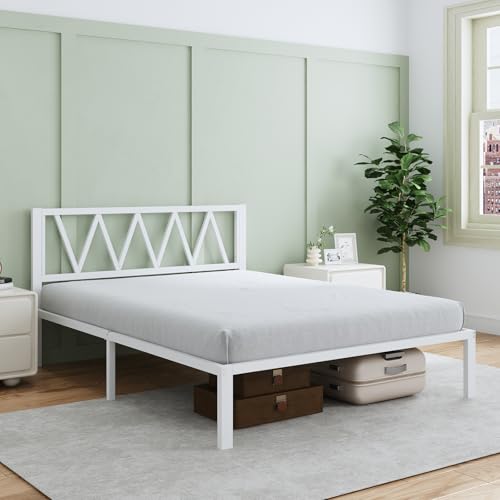 Novilla 14 Inch Full Size Bed Frame with Headboard, White Metal Platform Bed Frame, Full Bed Frame No Box Spring Needed, Easy Assembly, Strong Wood Slats Support