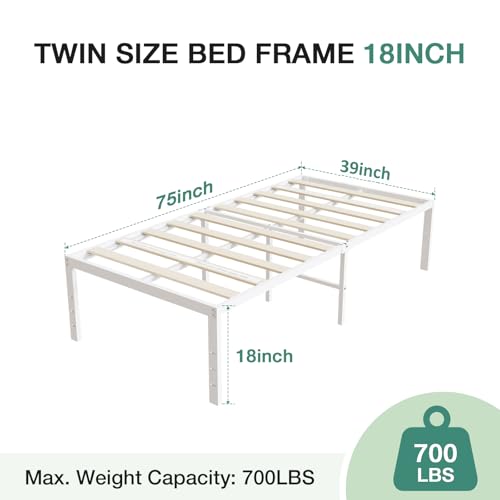 Novilla 18 Inch Twin Bed Frame, White Metal Platform Bed Frame Twin Size, Storage Space Under Bed, No Box Spring Needed, Strong Wood Slats Support, Easy Assembly