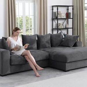 Eafurn Luxe Upholstered Right Facing Chaise Lounge Sectional Sofa in Soft Corduroy Fabric with Removable Cushions, Oversized Sleeper Couch Bed for Relaxing in Living Room or Bedroom