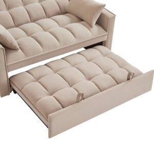 3 in 1 Convertible Sleeper Sofa Couch Bed, 2-Seater Futon Loveseat with Pull Out Bed , Tufted Lounge Couches with Pillows, Pockets for Living Room Apartment Small Space RV Corner Pullout Sofabed