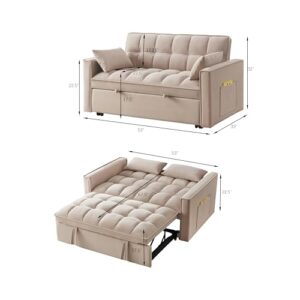 3 in 1 Convertible Sleeper Sofa Couch Bed, 2-Seater Futon Loveseat with Pull Out Bed , Tufted Lounge Couches with Pillows, Pockets for Living Room Apartment Small Space RV Corner Pullout Sofabed