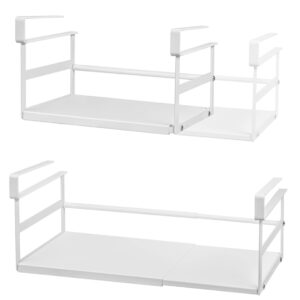 selosiz under shelf storage basket expandable organizer, 2 pack hanging baskets under cabinet shelf, add-on space saver pantry kitchen cupboard desk counter bookshelf, heavy-duty slide-in white