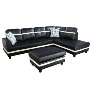 103" W Sectional Couches for Living Room, Sectional Sofa for Living Room Furniture Sets, L Shaped Couch Storage Ottoman, Faux Leather Modular Sectional Sofa Set for Living Room Set, Black White