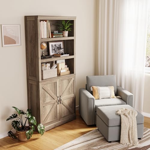 Farmhouse Bookshelves and Bookcases with Doors, Floor Standing 5 Shelf Display Storage Shelves, 69 in Tall Bookcase for Home Office, Living Room, Brown