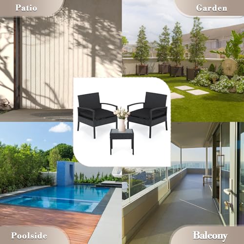 Athena Collection Patio Furniture Set PE Rattan Conversation Set of 3 Outdoor Bistro Table and Chairs Set with Seat Cushion for Garden, Front Porch, Backyard, Black