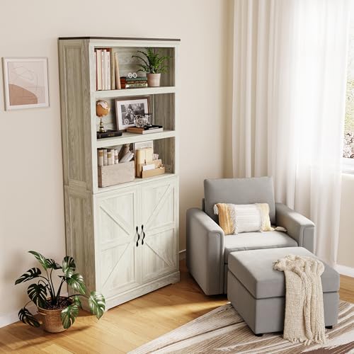 Farmhouse Bookshelves and Bookcases with Doors, Floor Standing 5 Shelf Display Storage Shelves, 69 in Tall Bookcase for Home Office, Living Room, Washed Grey