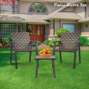 Athena Collection Outdoor Patio Bistro Set 3 Pieces Conversation Set Steel Frame Rattan Furniture Set Wicker Balcony Chairs Set of 2 and Side Table for Garden Backyard Balcony, Black